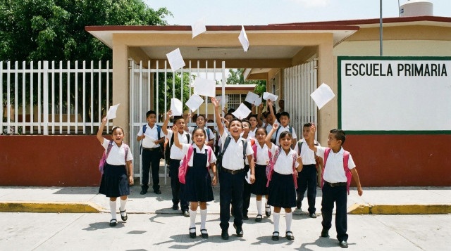 Estudiantes mexicanos de primaria saliendo alegremente de su escuela con mochilas al hombro celebrando el inicio de las vacaciones de verano