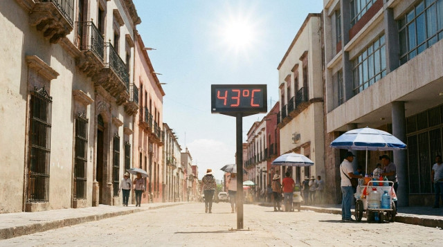 Termómetro digital en una calle de México marcando más de 40 grados bajo un sol brillante y cielo despejado durante la canícula