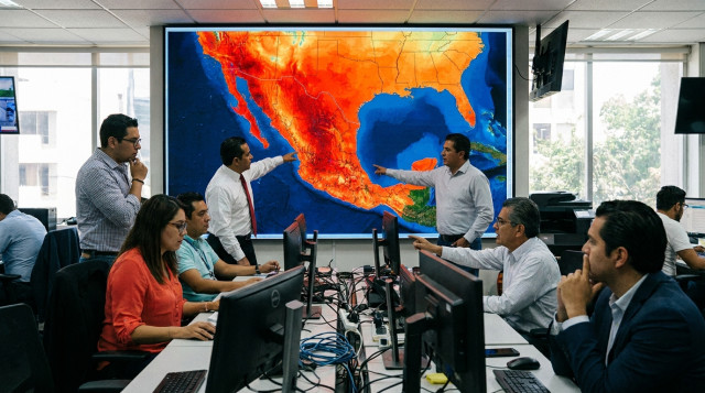 Mapa meteorológico de México mostrando zonas de calor extremo durante la canícula en México con tonos rojos y naranjas intensos