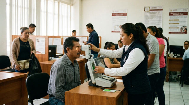 Un ciudadano mexicano realizando el escaneo de iris y toma de huellas dactilares para la CURP biométrica en una oficina del Registro Civil