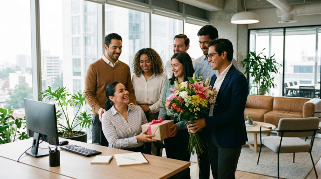 Una oficina moderna en México donde un equipo de trabajo entrega un ramo de flores y un regalo a una secretaria sonriente en su escritorio
