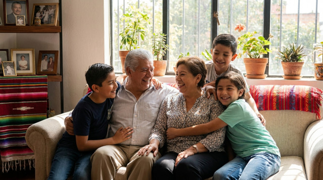 Un abuelo y una abuela mexicanos sonriendo junto a sus nietos en una sala de estar iluminada
