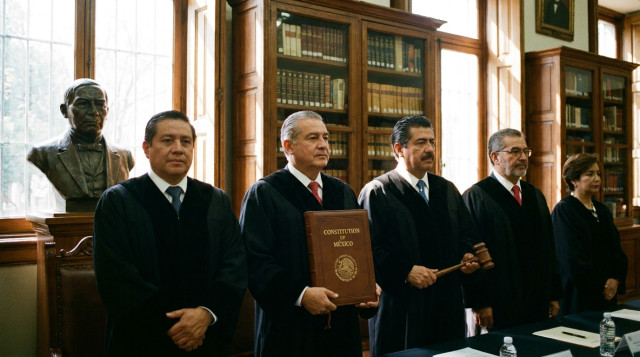 Abogados mexicanos en una ceremonia oficial conmemorando el Día del Abogado en México, sosteniendo la Constitución y un mazo de juez en un entorno de biblioteca jurídica
