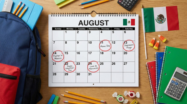 Calendario de agosto con marcas en días de descanso y útiles escolares que representan los días festivos de agosto