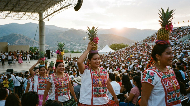 Bailarinas de la región de la Cuenca del Papaloapan ejecutando la danza Flor de Piña durante la Guelaguetza 2026 en Oaxaca