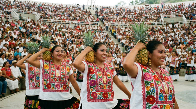 Bailarines de la delegación de San Juan Bautista Tuxtepec ejecutando la danza Flor de Piña con coloridos huipiles y piñas al hombro durante la Guelaguetza en el Auditorio del Cerro