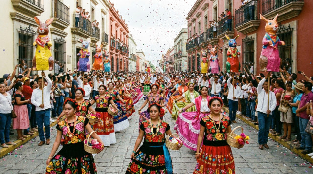 Desfile de delegaciones de la Guelaguetza con mujeres portando trajes típicos multicolores y marmotas tradicionales en las calles de Oaxaca