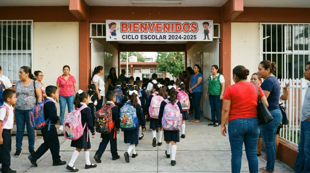 Estudiantes mexicanos ingresando a un plantel de educación básica el primer día de clases con uniformes y mochilas