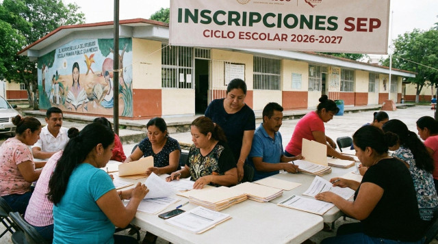 Un grupo de padres de familia organizando documentos de inscripcion escolar frente a una escuela primaria publica en Mexico, con un cartel de las inscripciones SEP visible al fondo