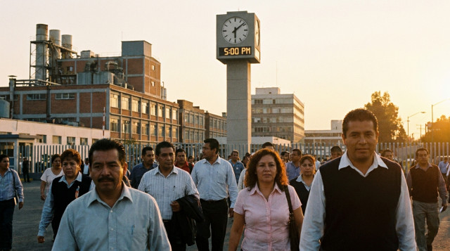 Un grupo de trabajadores mexicanos de oficina y de manufactura saliendo de su centro de trabajo con rostros tranquilos, con un reloj de fondo que marca el fin de la jornada laboral