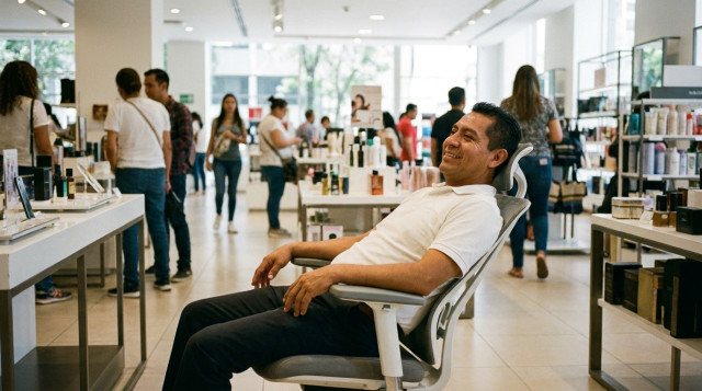Un empleado de una tienda departamental en México descansando en una silla ergonómica con respaldo durante su jornada laboral, mostrando un ambiente de trabajo moderno y saludable
