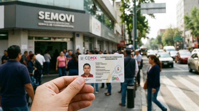 Primer plano de una persona sosteniendo una licencia de conducir permanente de la Ciudad de México frente a un módulo de atención de la Semovi