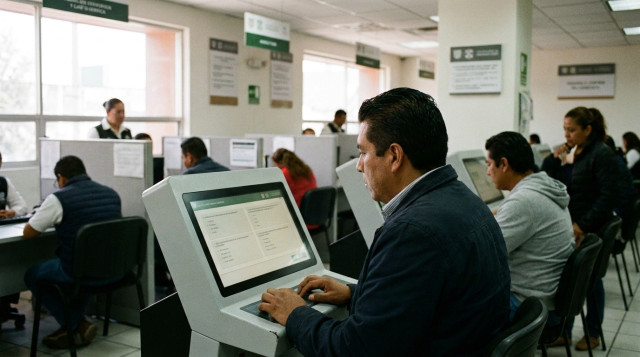 Un conductor realizando el examen teórico digital para obtener la licencia de conducir permanente en un módulo oficial de atención