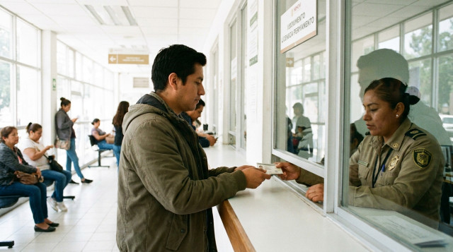 Persona entregando sus documentos de identidad en la ventanilla de un módulo de atención de la Semovi para tramitar la licencia permanente de conducir