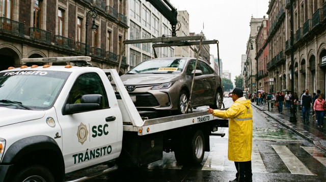 Grúa de la Secretaría de Seguridad Ciudadana remolcando un automóvil al corralón por cometer nuevas multas de tránsito en la CDMX