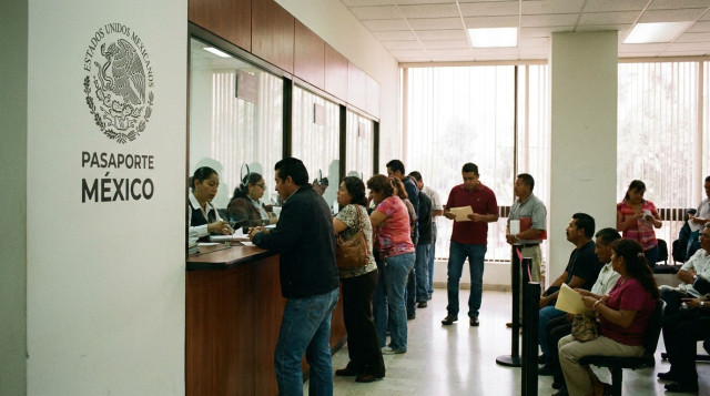 Oficina de la SRE con ventanillas de atención y el logotipo oficial del pasaporte de México