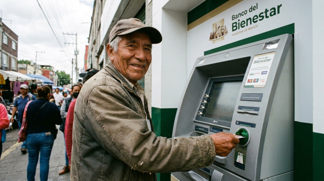 Adulto mayor utilizando un cajero automático del Banco del Bienestar para cobrar su Pensión Bienestar de forma segura