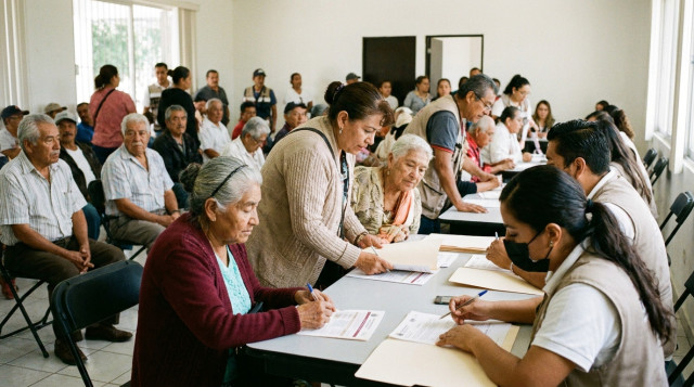 Un módulo de atención de la Secretaría de Bienestar en México con personal asistiendo a adultos mayores con sus documentos para el registro de la Pensión Bienestar