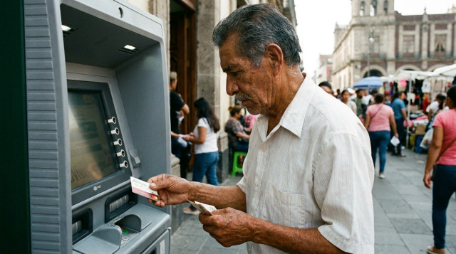 Adulto mayor utilizando un cajero automático del Banco del Bienestar con su tarjeta en la mano para retirar el apoyo de la Pensión Bienestar