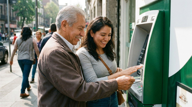 Un adulto mayor sonriente junto a su hija utilizando un cajero automático del Banco del Bienestar de forma segura durante el día