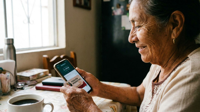 Persona de la tercera edad consultando el saldo de su tarjeta de la Pensión Bienestar en un teléfono inteligente
