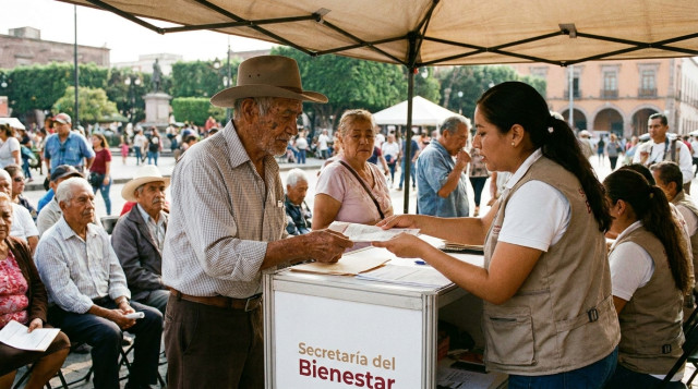 adulto mayor mexicano entregando documentos en un módulo de la Secretaría del Bienestar para tramitar la Pensión Bienestar