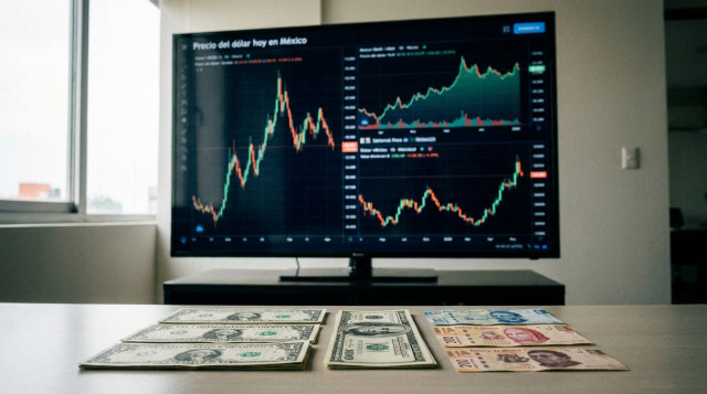Billetes de dólares estadounidenses y pesos mexicanos sobre un fondo de gráficos financieros que ilustran el precio del dólar hoy en México