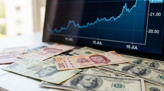 Billetes de pesos mexicanos y dólares estadounidenses sobre un fondo de gráficos financieros que muestran el precio del dólar hoy en México