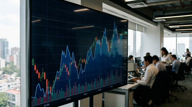 Gráfico financiero en una pantalla digital mostrando la fluctuación del precio del dólar hoy en México frente al peso mexicano