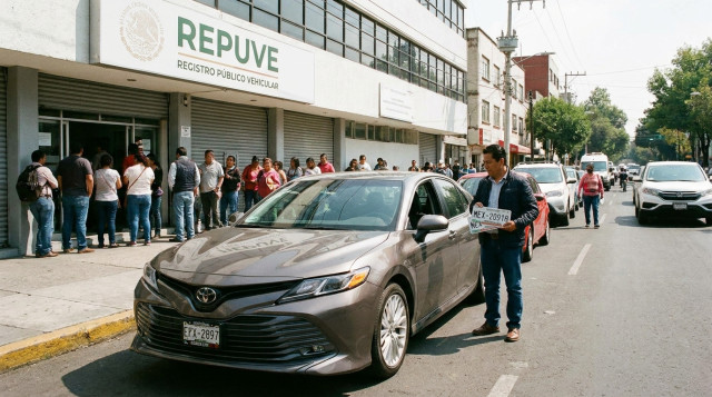 Un vehículo sedán de modelo reciente estacionado frente a una oficina gubernamental del REPUVE en México con placas de circulación nacionales listas para ser colocadas