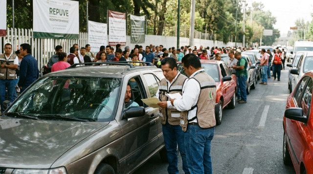 Módulo de atención del REPUVE con personal revisando documentos de un vehículo para la regularización de autos chocolate