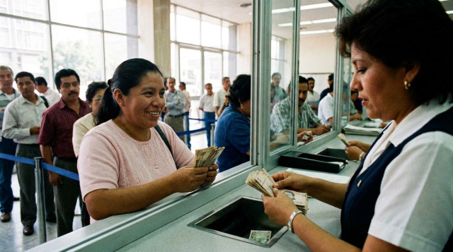 Persona cobrando dinero de remesas en la ventanilla de una sucursal bancaria en México