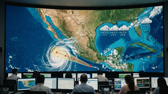 Mapa meteorológico de México mostrando la trayectoria de un ciclón tropical en el Océano Pacífico y nubes densas cubriendo las costas nacionales durante la temporada de huracanes 2