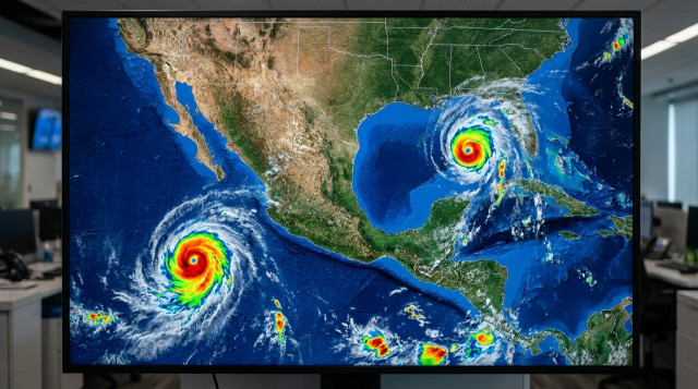 Un mapa meteorológico satelital que muestra la temporada de huracanes en México con dos sistemas de baja presión activos en el Pacífico y el Atlántico
