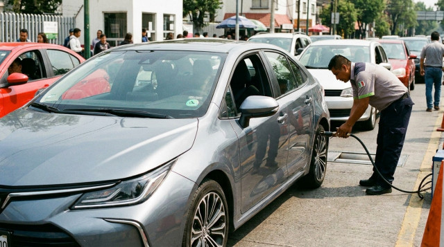 Un automóvil moderno de color gris realizando la prueba de emisiones en un verificentro oficial de la CDMX con el holograma de verificación vehicular CDMX y Edomex visible en el pa