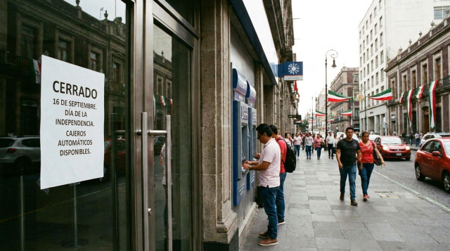Fachada de una sucursal bancaria en México con letrero de horario y cajeros automáticos disponibles el 16 de septiembre