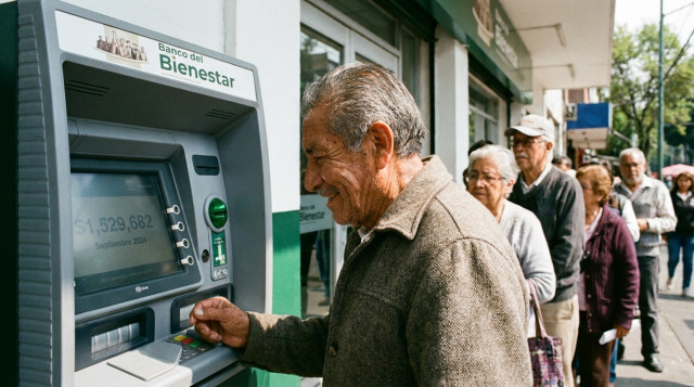 Adulto mayor consultando su saldo en un cajero automatico del Banco del Bienestar durante el calendario de pagos de septiembre