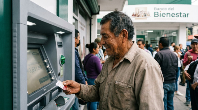 Adulto mayor consultando el saldo de su tarjeta bancaria del Bienestar en un cajero automático en México
