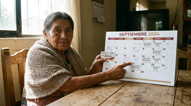 persona mayor revisando su tarjeta bancaria del bienestar junto a un calendario impreso de pagos
