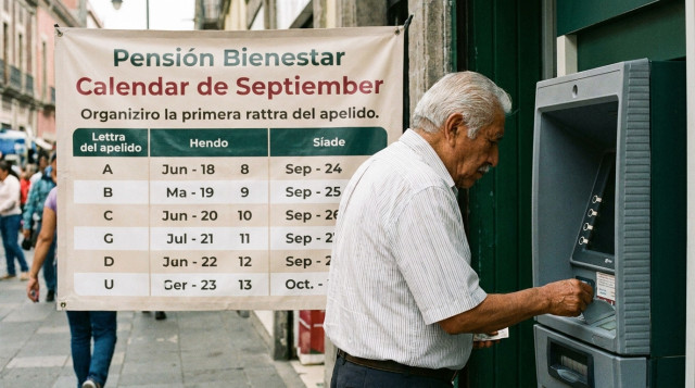 Adulto mayor consultando el saldo de su tarjeta bancaria en un cajero automático con el calendario de pagos de la Pensión Bienestar al fondo
