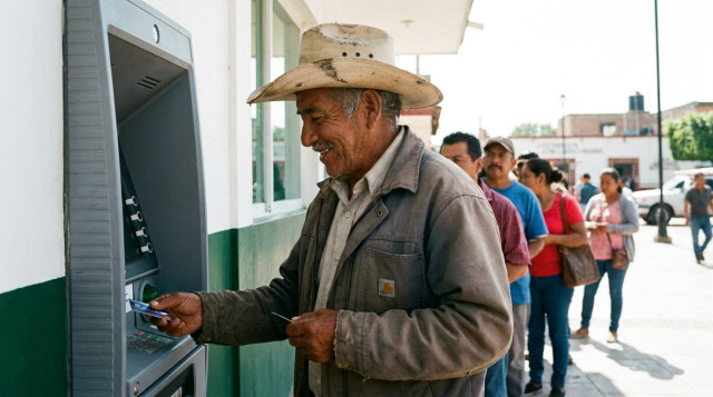 Adulto mayor consultando el saldo de su tarjeta del Banco del Bienestar frente a una sucursal bancaria
