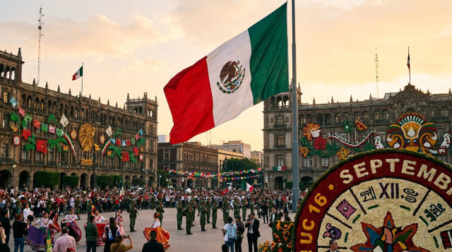 bandera mexicana ondeando en una plaza cívica durante las conmemoraciones del mes patrio con calendario de septiembre