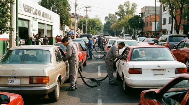 Linea de automoviles formados en un verificentro oficial de la Ciudad de Mexico realizando pruebas de emisiones contaminantes