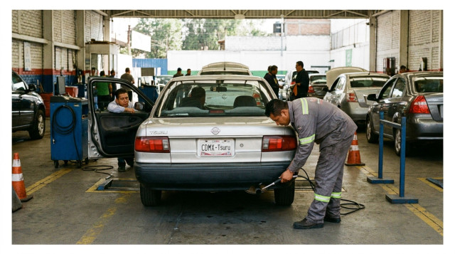vehículo en la línea de inspección técnica de emisiones en un verificentro de la Zona Metropolitana del Valle de México