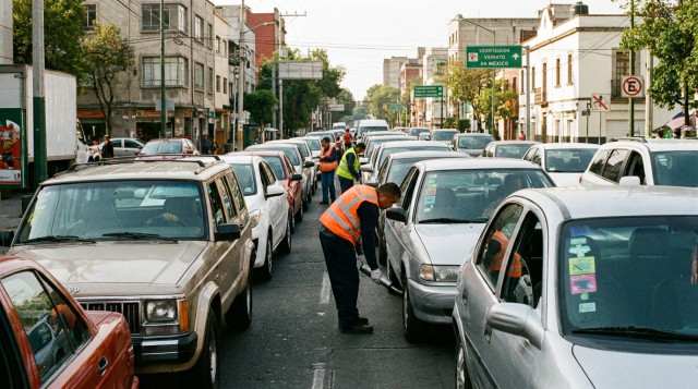 Línea de autos esperando turno en un centro de verificación vehicular con técnicos revisando tubos de escape y engomados de colores