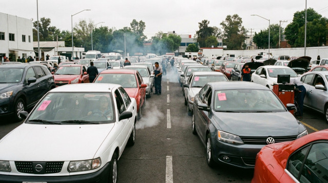 linea de autos esperando en centro de verificacion vehicular con engomados rosa y rojo visibles en parabrisas