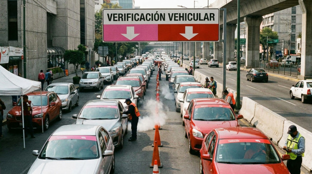 Centro de verificación vehicular con fila de automóviles organizados por engomado rosa y rojo esperando inspección de emisiones