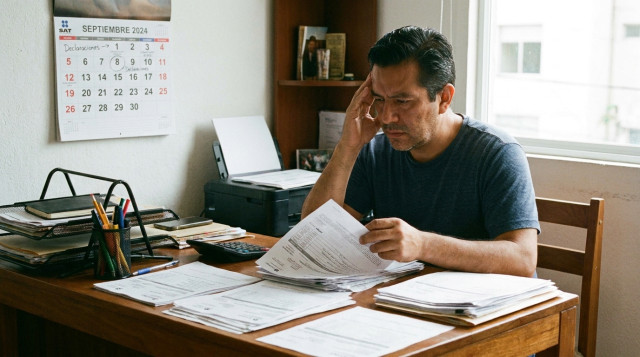 contribuyente revisando facturas y el calendario fiscal del SAT para presentar declaraciones mensuales