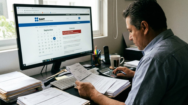 Persona revisando documentos fiscales y calculadora frente a una computadora con el portal del SAT en pantalla