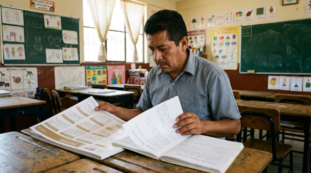 Maestro de primaria revisando el calendario SEP y anotaciones de Consejo Técnico Escolar en un aula mexicana